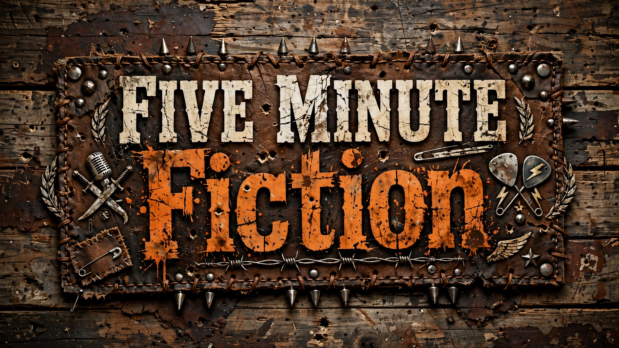 Five Minute Fiction banner — distressed emblem on weathered wood